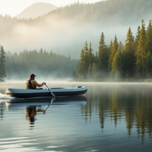 Park ranger paddling an electric canoe on a calm lake surrounded by evergreen forest in soft morning light