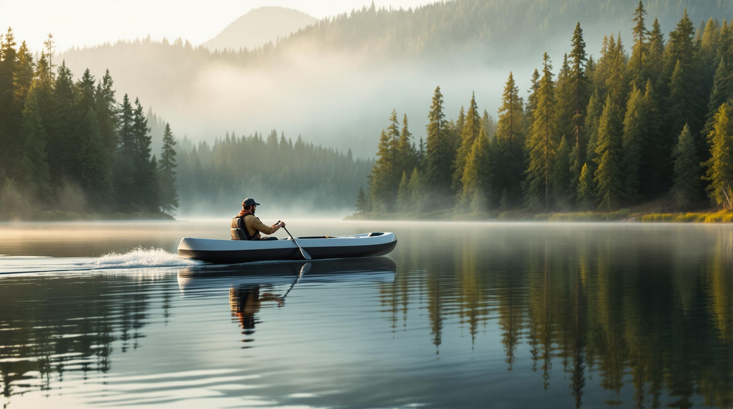 Park ranger paddling an electric canoe on a calm lake surrounded by evergreen forest in soft morning light