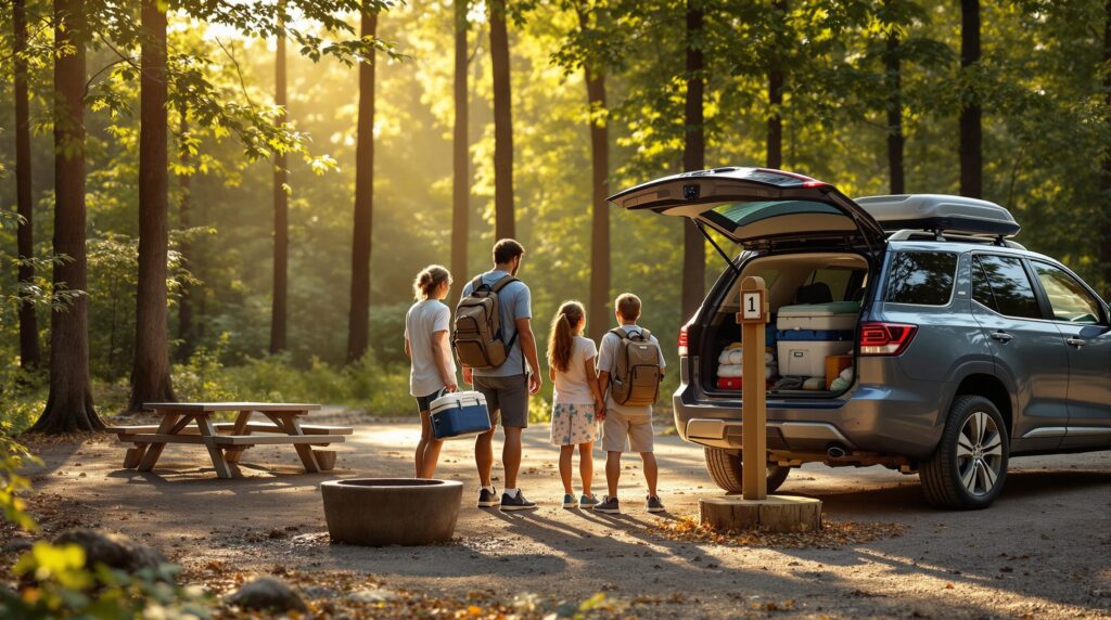 A family of four stands beside their packed SUV at an empty, generic forest campsite, looking puzzled while holding camping gear near a blank wooden site post, with soft morning sunlight filtering through the trees.