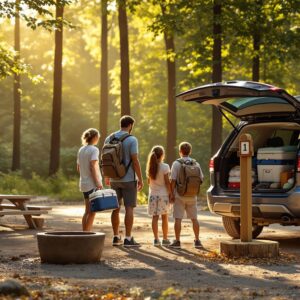 A family of four stands beside their packed SUV at an empty, generic forest campsite, looking puzzled while holding camping gear near a blank wooden site post, with soft morning sunlight filtering through the trees.