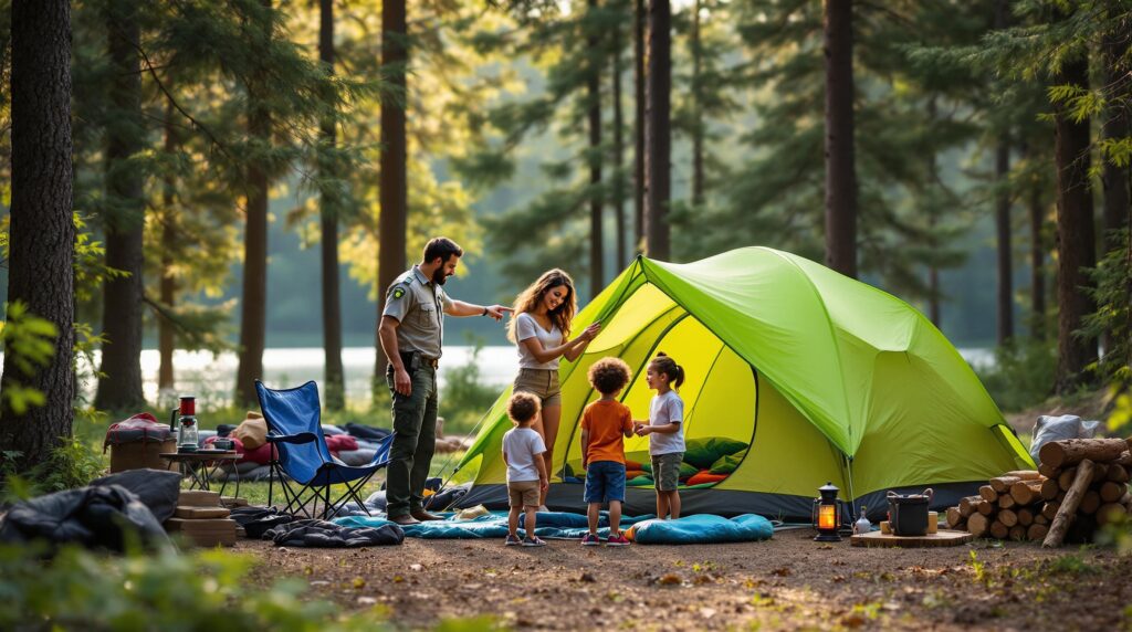 A park ranger helps a diverse family of four set up a green tent at a woodland campsite, with camping gear arranged nearby and soft sunlight filtering through tall trees.