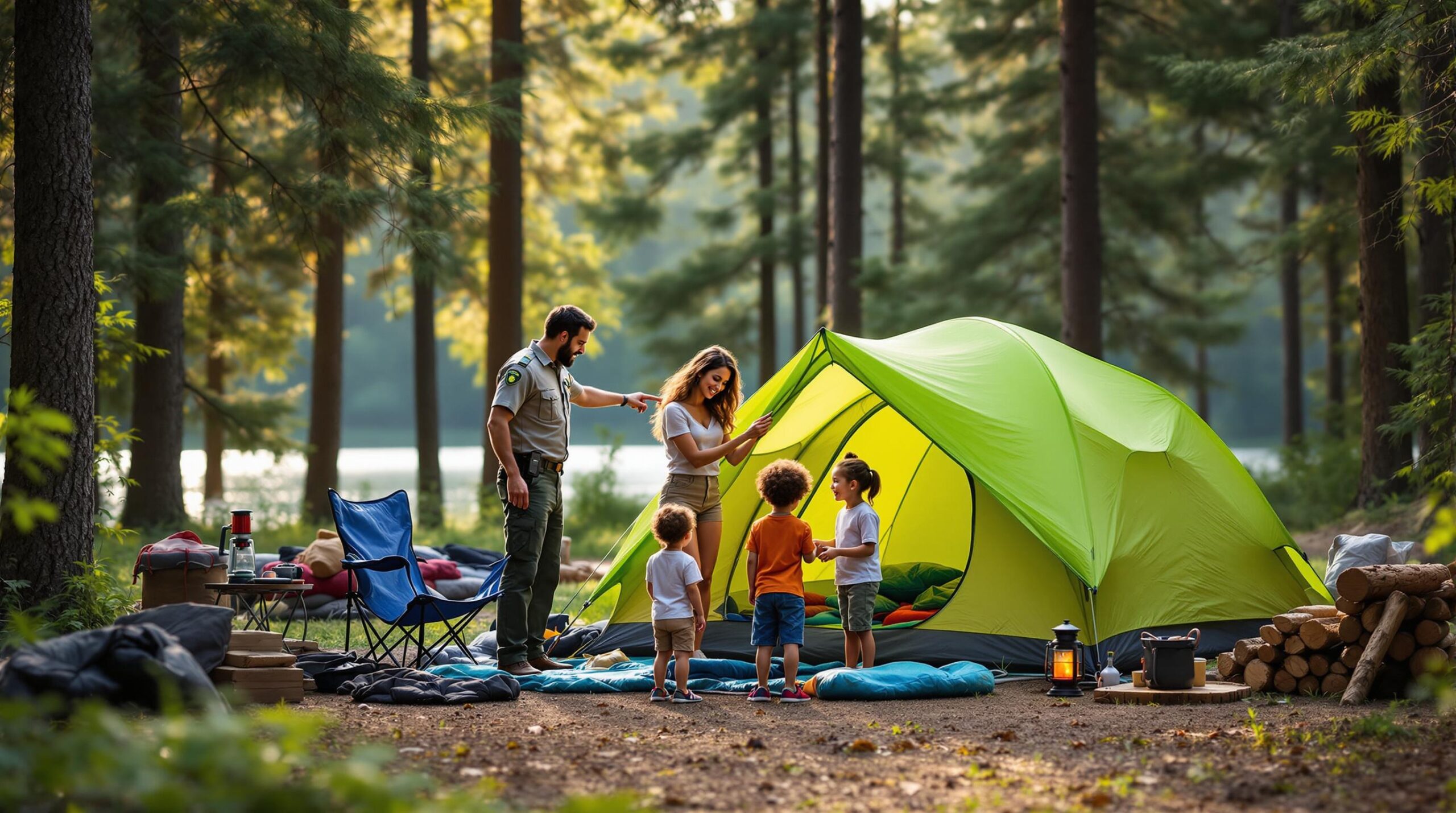 A park ranger helps a diverse family of four set up a green tent at a woodland campsite, with camping gear arranged nearby and soft sunlight filtering through tall trees.