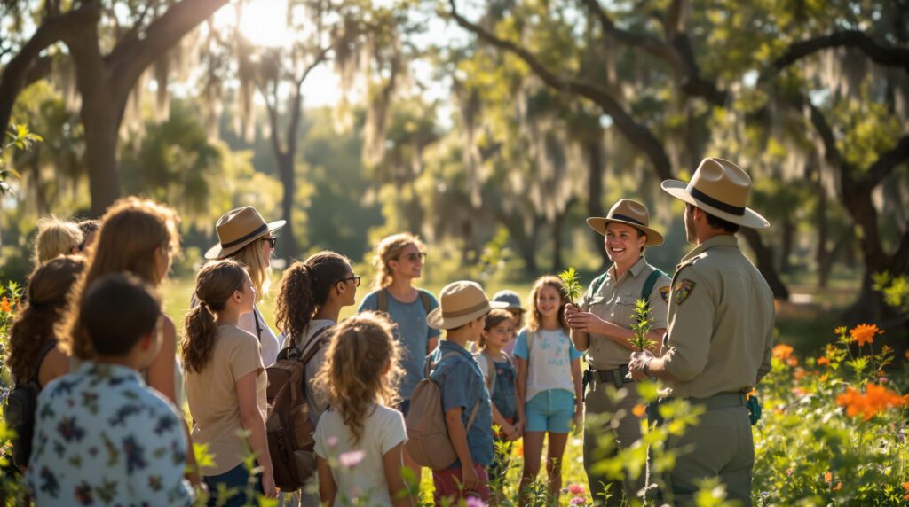 A park ranger demonstrates native plant conservation to a diverse group of adults and children in a sunlit, generic subtropical park clearing, with blurred greenery and wildflowers in the background.