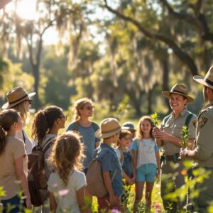 A park ranger demonstrates native plant conservation to a diverse group of adults and children in a sunlit, generic subtropical park clearing, with blurred greenery and wildflowers in the background.