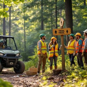 Five volunteers in safety vests and hard hats install a wooden trail sign along a forest path, with a utility vehicle and saplings nearby under soft sunlight.