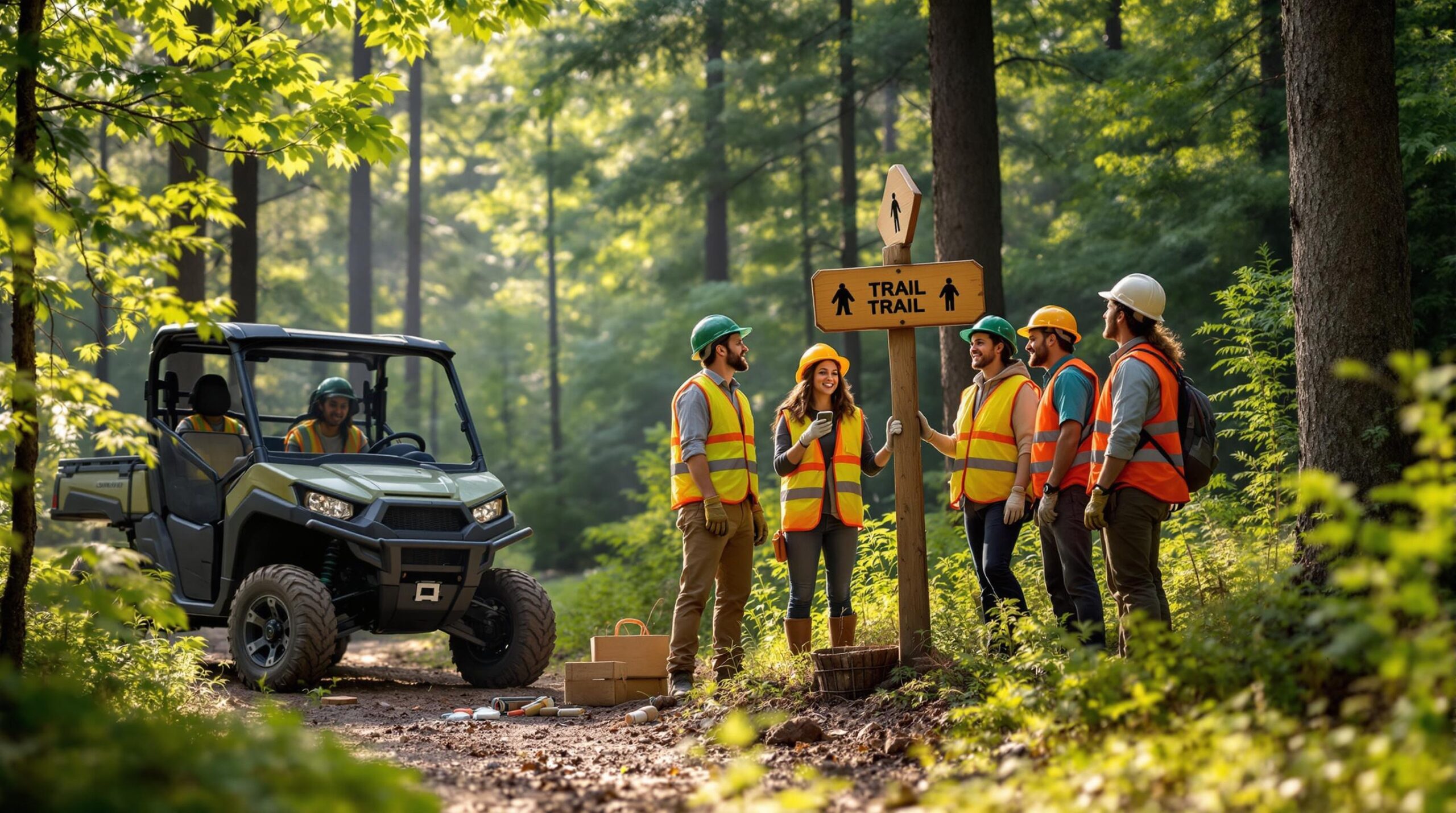Five volunteers in safety vests and hard hats install a wooden trail sign along a forest path, with a utility vehicle and saplings nearby under soft sunlight.