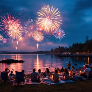 Families watching colorful fireworks burst over a lake at dusk, with picnic blankets, folding chairs, and small American flags in the foreground.