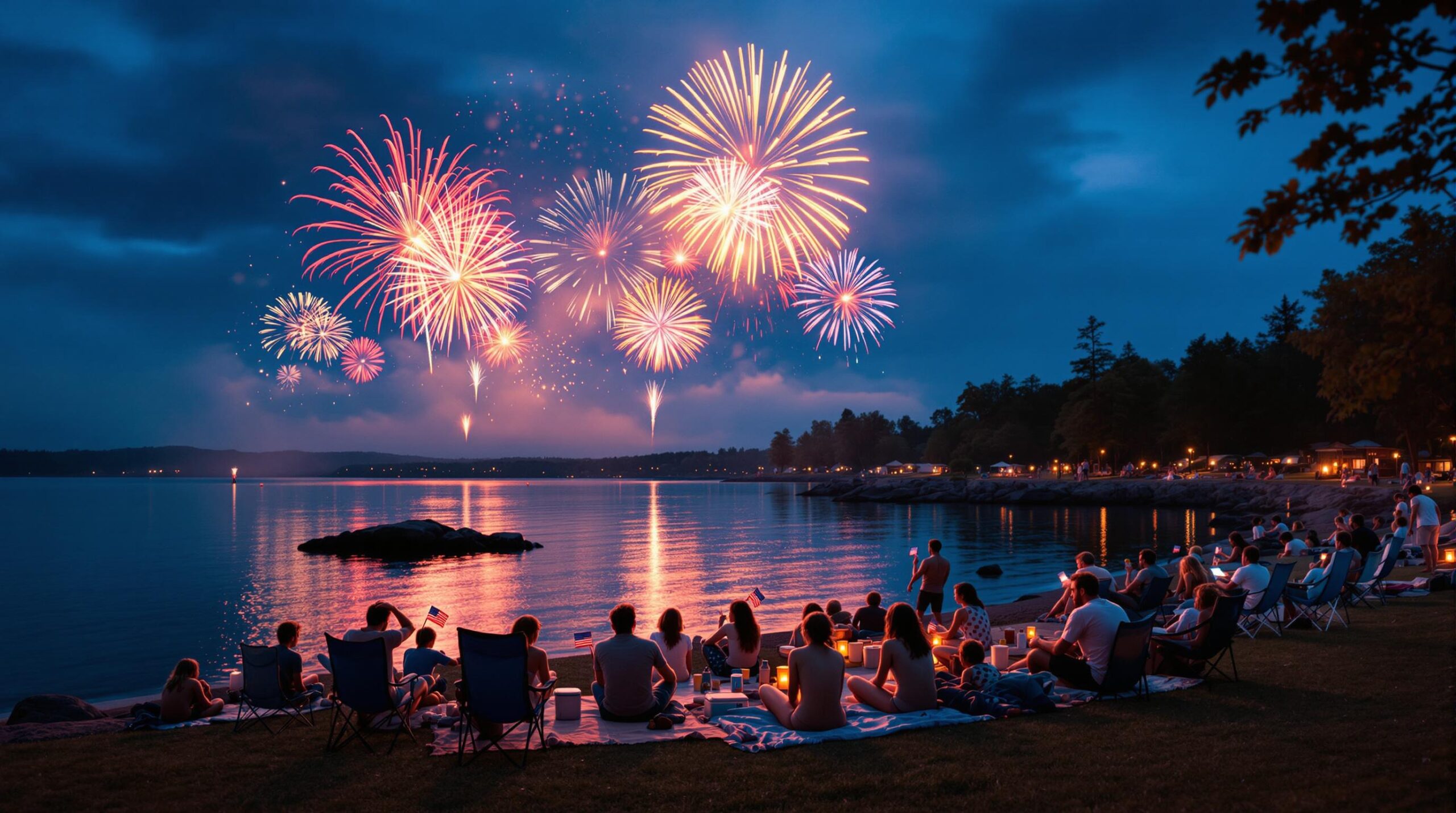 Families watching colorful fireworks burst over a lake at dusk, with picnic blankets, folding chairs, and small American flags in the foreground.