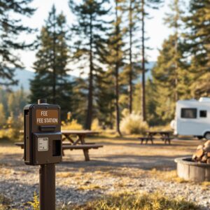 A brown metal campground fee station stands near a picnic table and fire ring in a wooded area with tall pine trees and a white camper van in the background, under a clear sky with early morning sunlight.