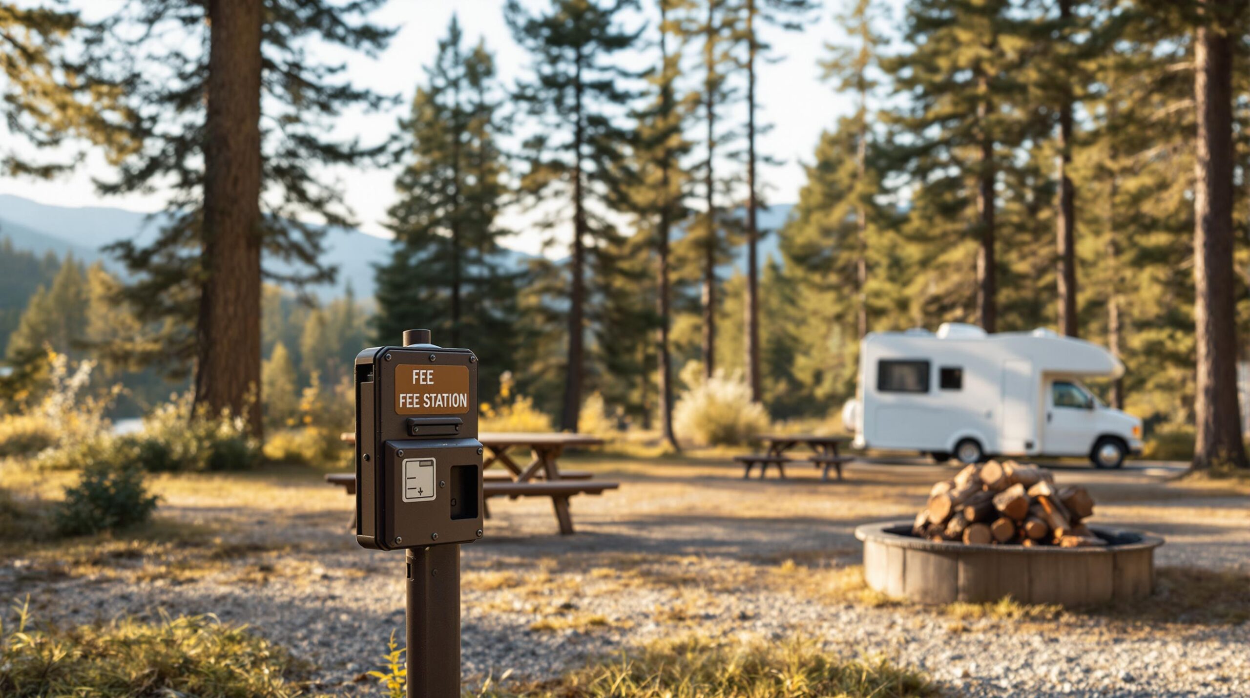 A brown metal campground fee station stands near a picnic table and fire ring in a wooded area with tall pine trees and a white camper van in the background, under a clear sky with early morning sunlight.