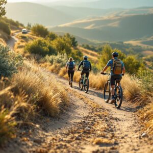Two hikers and a mountain biker share a sunny dirt trail winding through grassy foothills with shrubs, set against softly blurred rolling hills in the background.