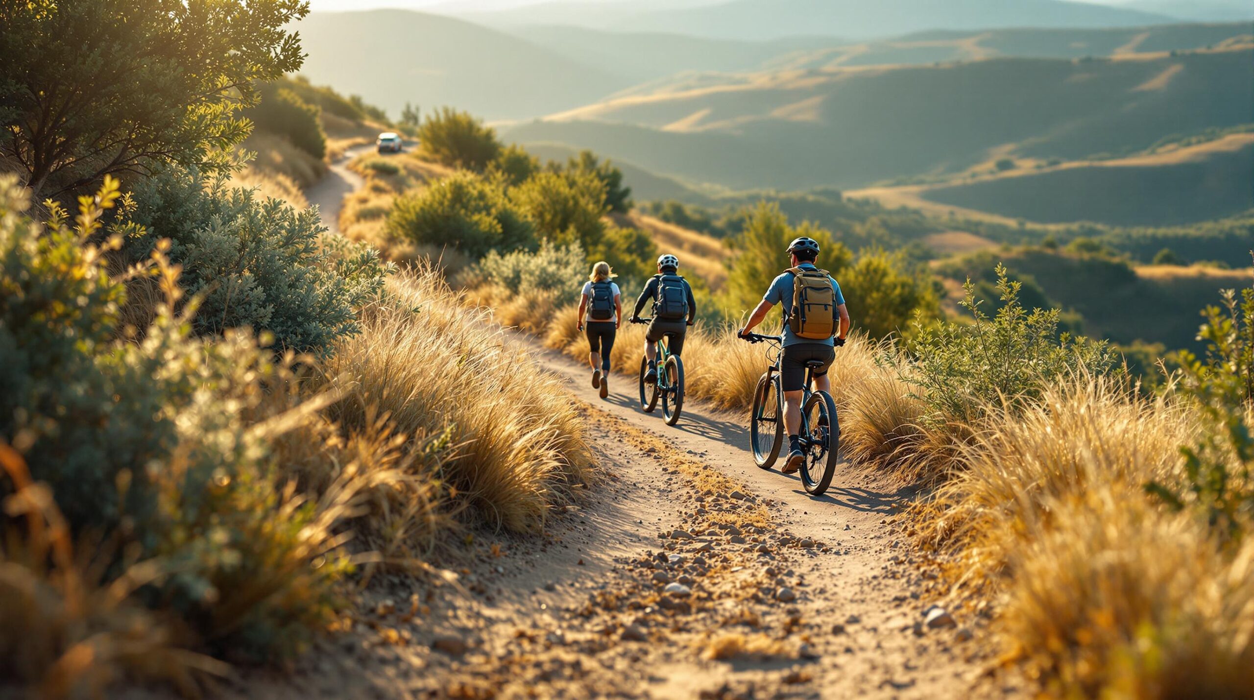 Two hikers and a mountain biker share a sunny dirt trail winding through grassy foothills with shrubs, set against softly blurred rolling hills in the background.