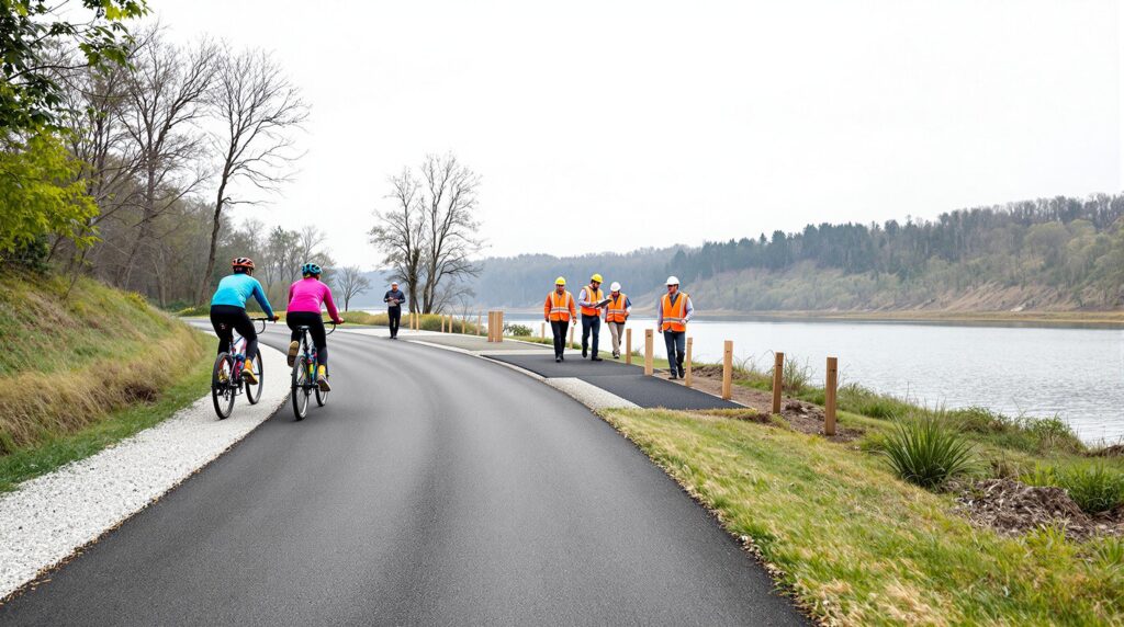 Two cyclists ride on a newly paved riverside trail as construction workers install posts and a supervisor observes, with a jogger and tree-covered bluffs in the background.