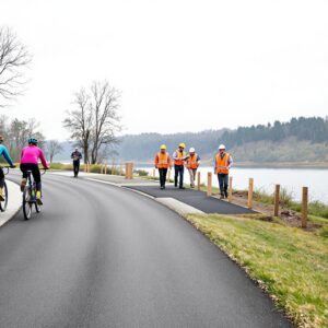 Two cyclists ride on a newly paved riverside trail as construction workers install posts and a supervisor observes, with a jogger and tree-covered bluffs in the background.