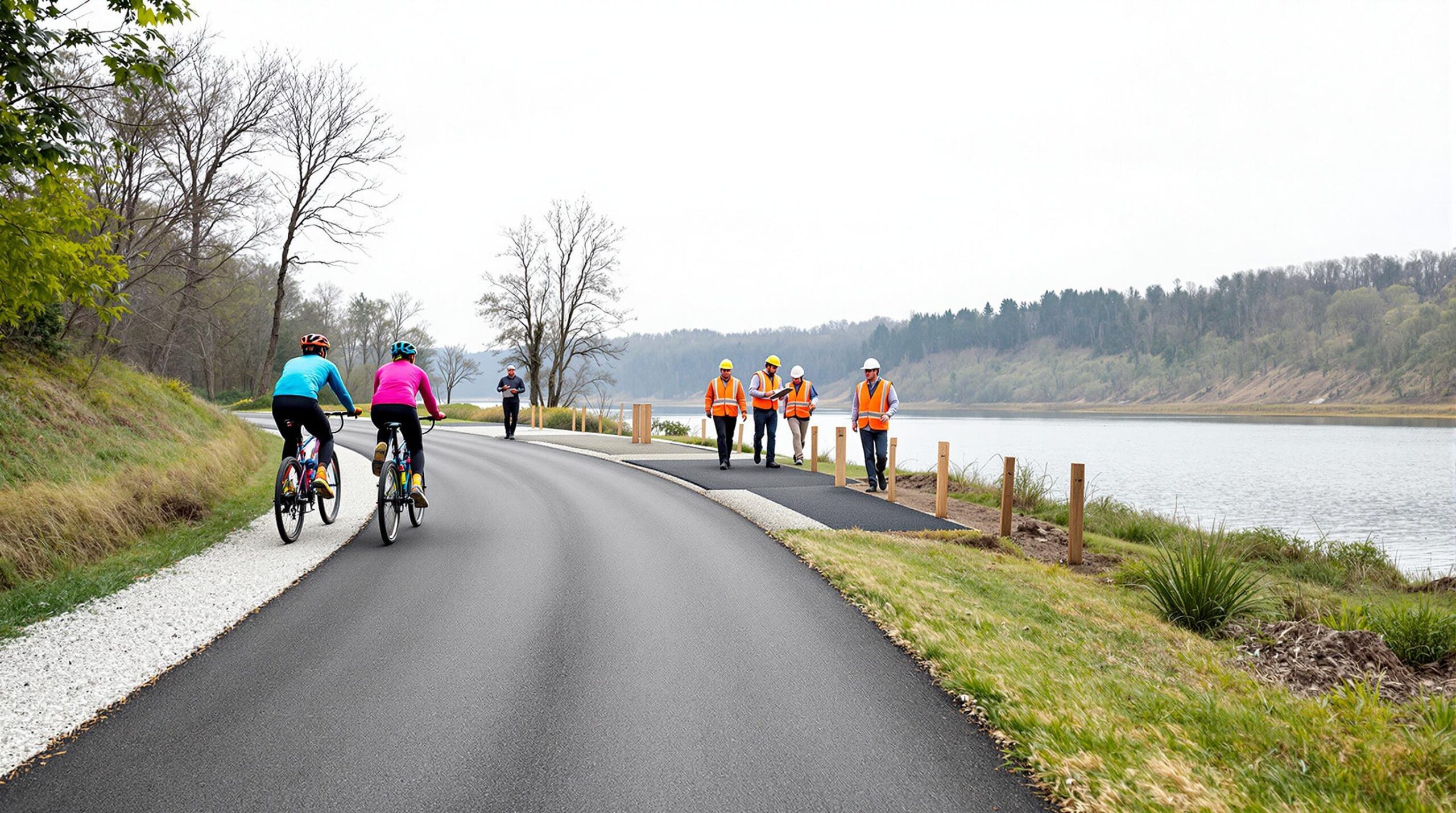 Two cyclists ride on a newly paved riverside trail as construction workers install posts and a supervisor observes, with a jogger and tree-covered bluffs in the background.