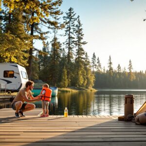 Adult helping child put on life jacket near lake at campground with tent, RV, and trees in soft sunlight