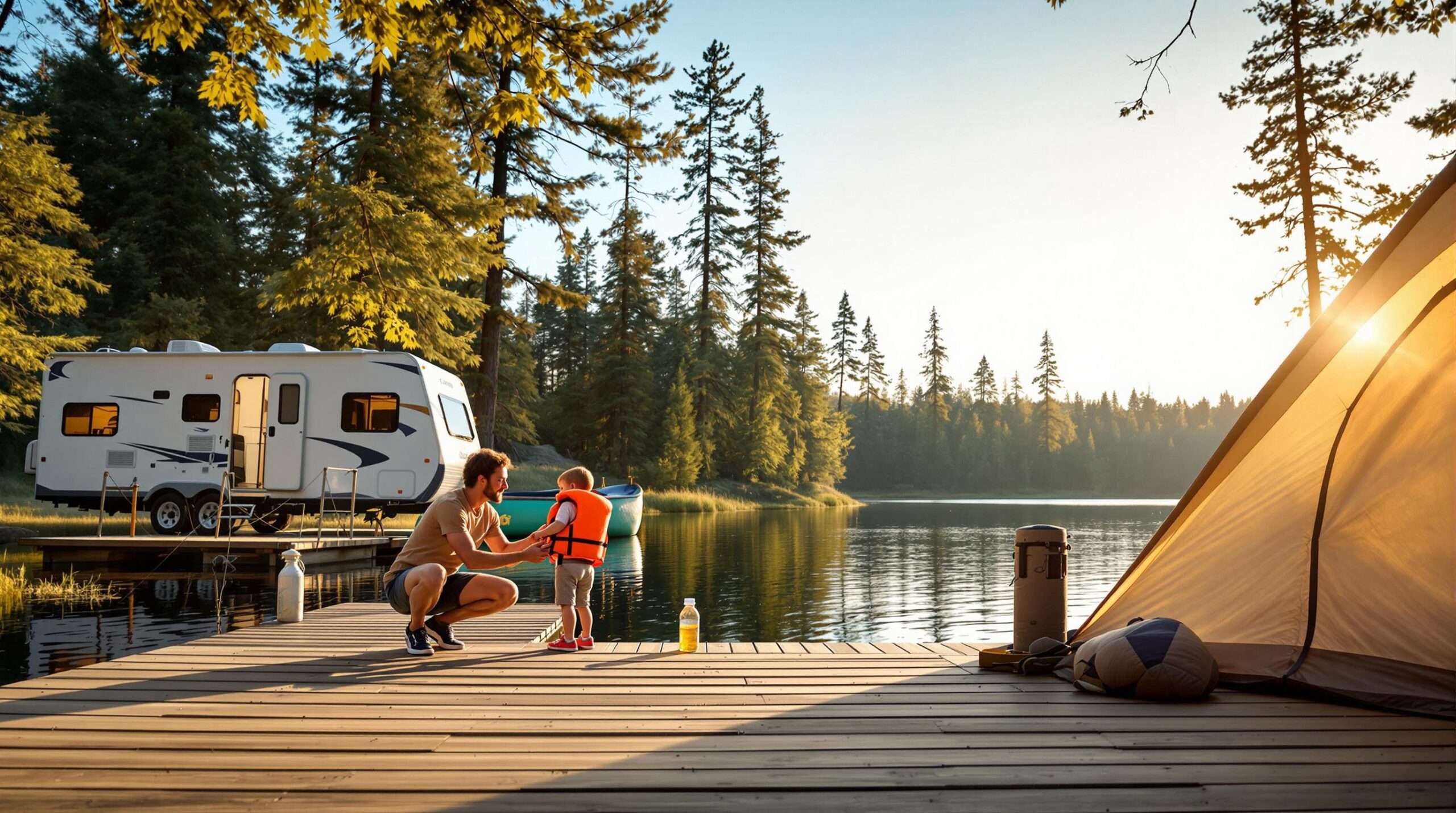 Adult helping child put on life jacket near lake at campground with tent, RV, and trees in soft sunlight