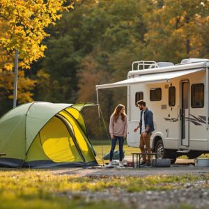 A young couple sets up a green tent beside a white RV at a modern campsite with a picnic table and fire ring, surrounded by blurred summer trees in golden sunlight.