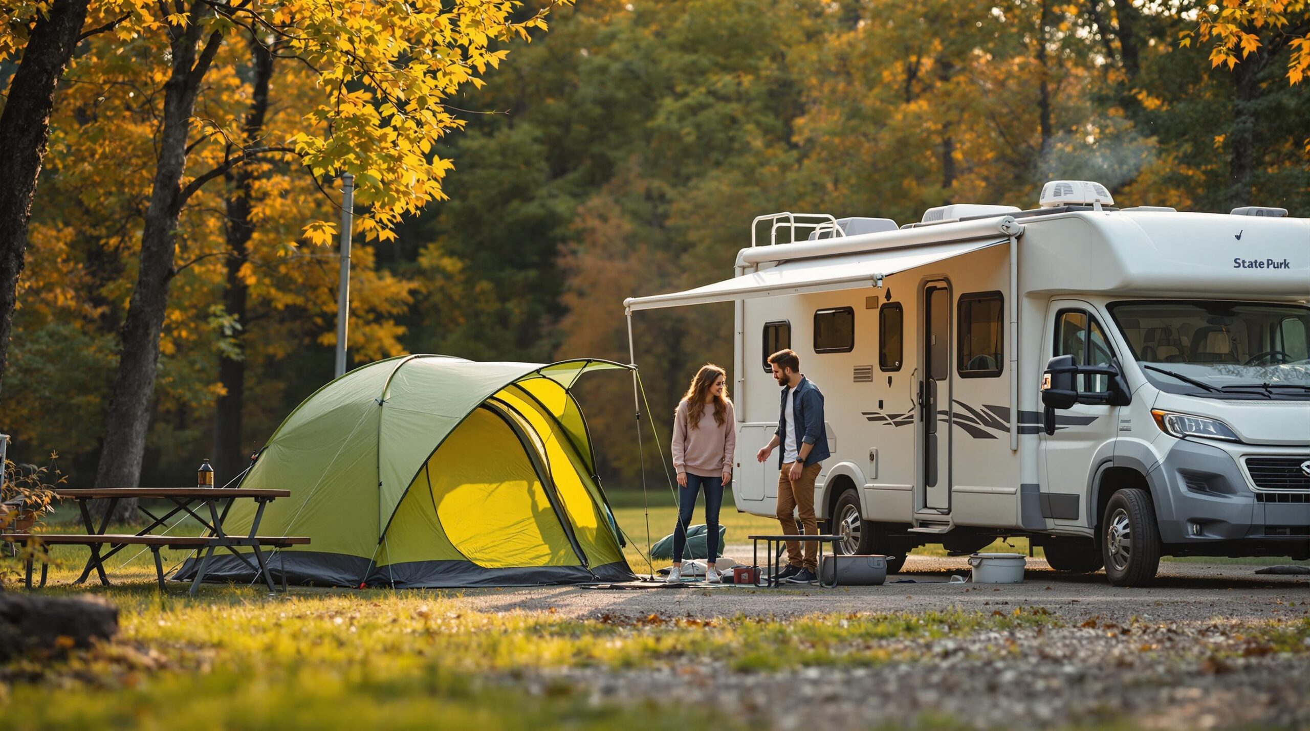 A young couple sets up a green tent beside a white RV at a modern campsite with a picnic table and fire ring, surrounded by blurred summer trees in golden sunlight.