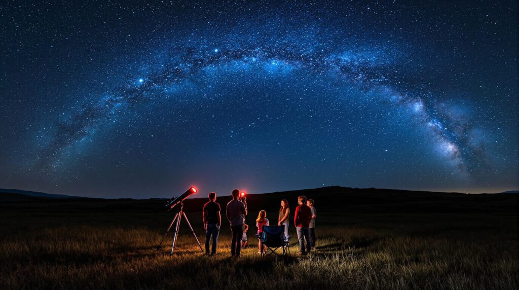 Group of adults and children stargazing with telescopes under the Milky Way on a grassy plain at night