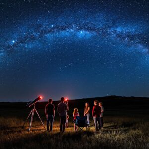 Group of adults and children stargazing with telescopes under the Milky Way on a grassy plain at night