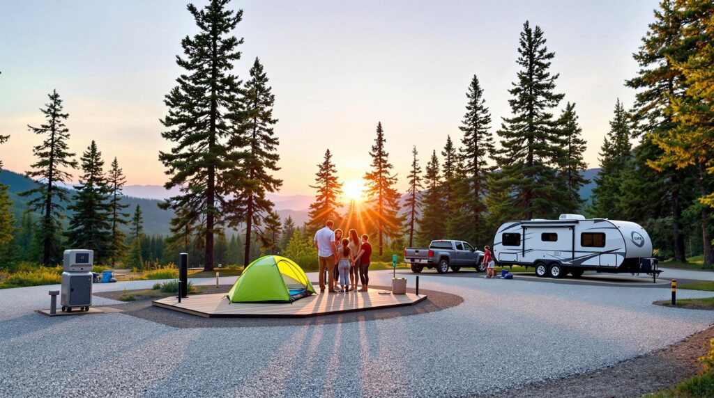 Modern mountain campground at sunrise with family setting up a tent, RV parked nearby, new utility posts and bear-proof lockers, surrounded by pine trees and soft mountain silhouettes in the background