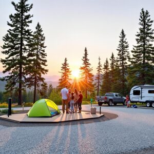 Modern mountain campground at sunrise with family setting up a tent, RV parked nearby, new utility posts and bear-proof lockers, surrounded by pine trees and soft mountain silhouettes in the background