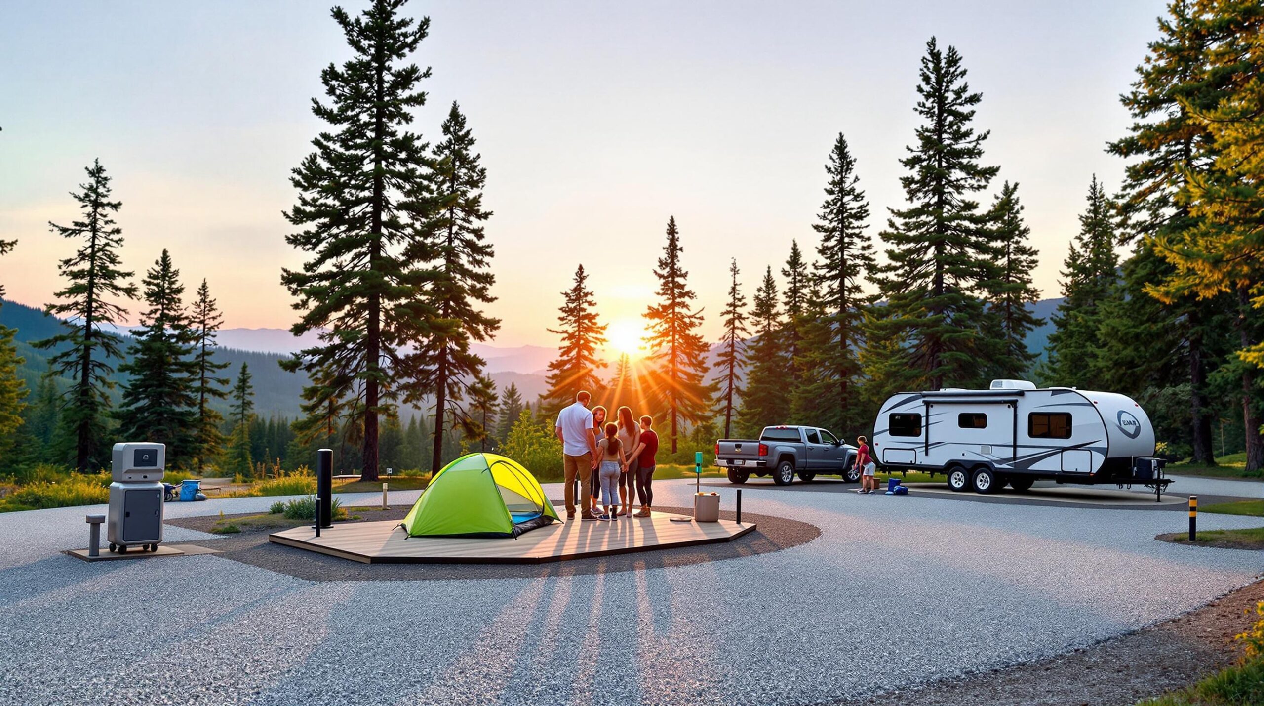 Modern mountain campground at sunrise with family setting up a tent, RV parked nearby, new utility posts and bear-proof lockers, surrounded by pine trees and soft mountain silhouettes in the background