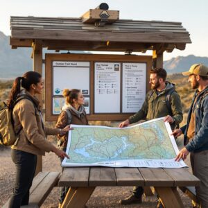 Three people reviewing a large map at a trailhead kiosk in a generic outdoor setting with mountains and sagebrush in the background