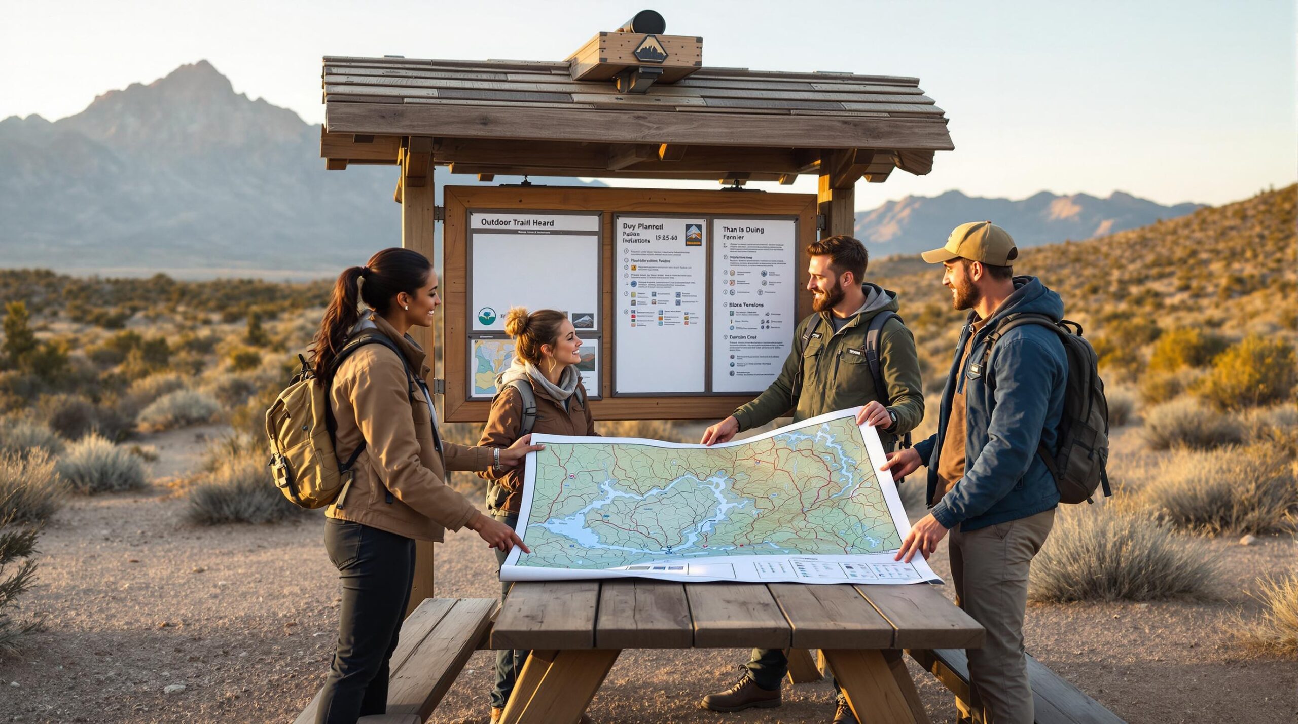 Three people reviewing a large map at a trailhead kiosk in a generic outdoor setting with mountains and sagebrush in the background