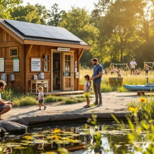 Diverse family enjoys interactive nature exhibits at a fair, with fishing, butterfly watching, and sustainable park features in a sunny outdoor setting.