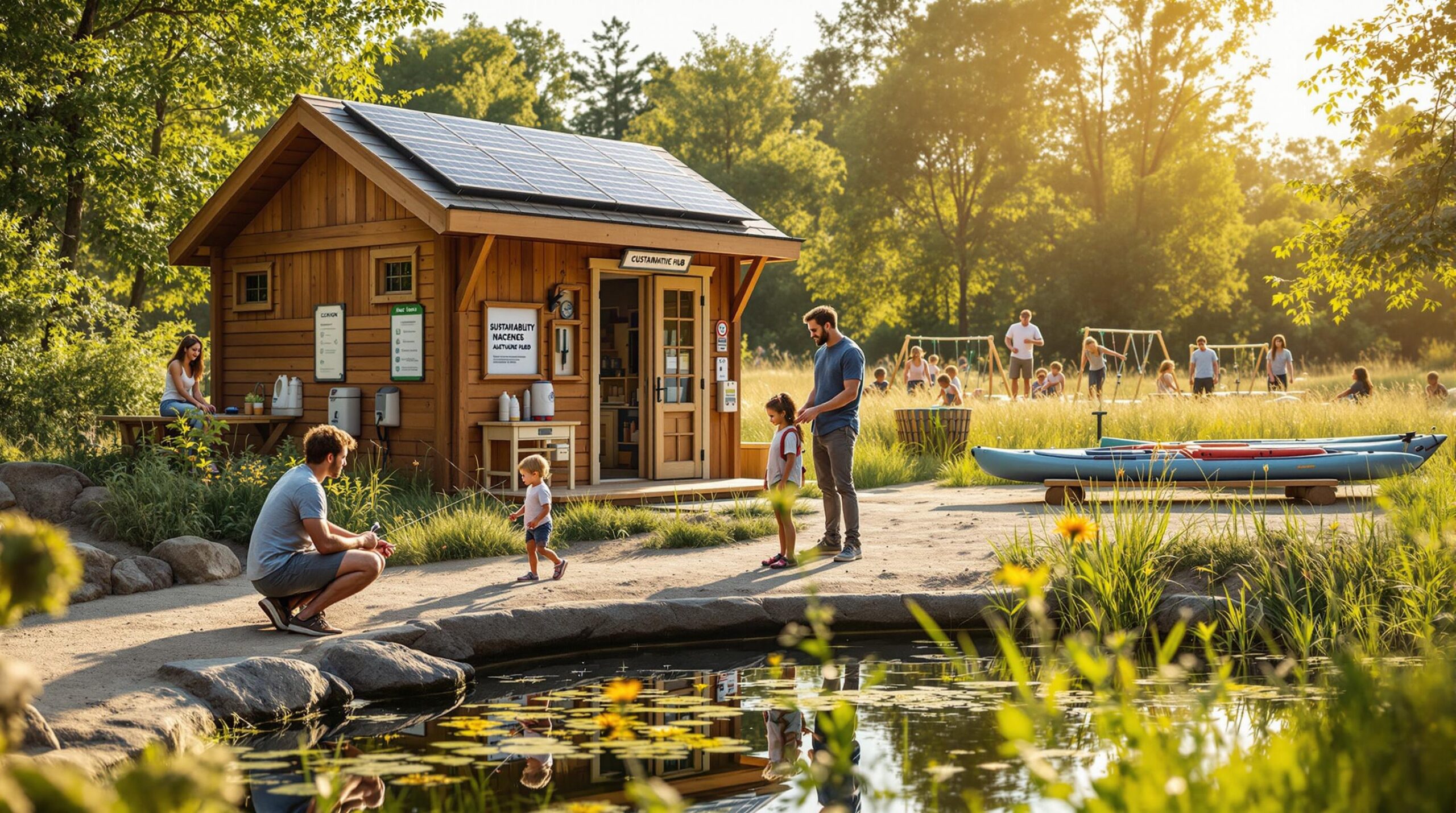 Diverse family enjoys interactive nature exhibits at a fair, with fishing, butterfly watching, and sustainable park features in a sunny outdoor setting.