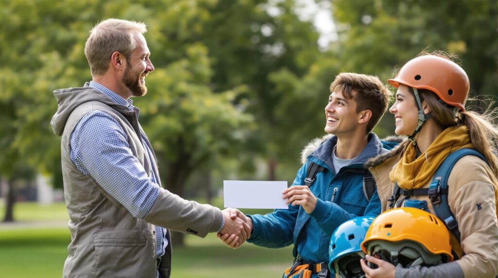 A bank representative hands an envelope to an outdoor education coordinator while two smiling students in outdoor gear hold climbing helmets, standing together on a grassy campus with blurred trees in the background.