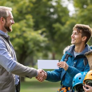 A bank representative hands an envelope to an outdoor education coordinator while two smiling students in outdoor gear hold climbing helmets, standing together on a grassy campus with blurred trees in the background.