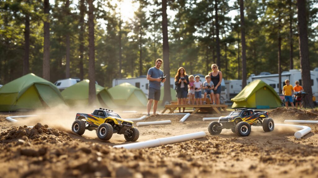 Family standing on platform controls RC cars racing on a small dirt track at a campground surrounded by pine trees and tents in warm sunlight.