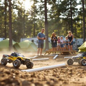 Family standing on platform controls RC cars racing on a small dirt track at a campground surrounded by pine trees and tents in warm sunlight.