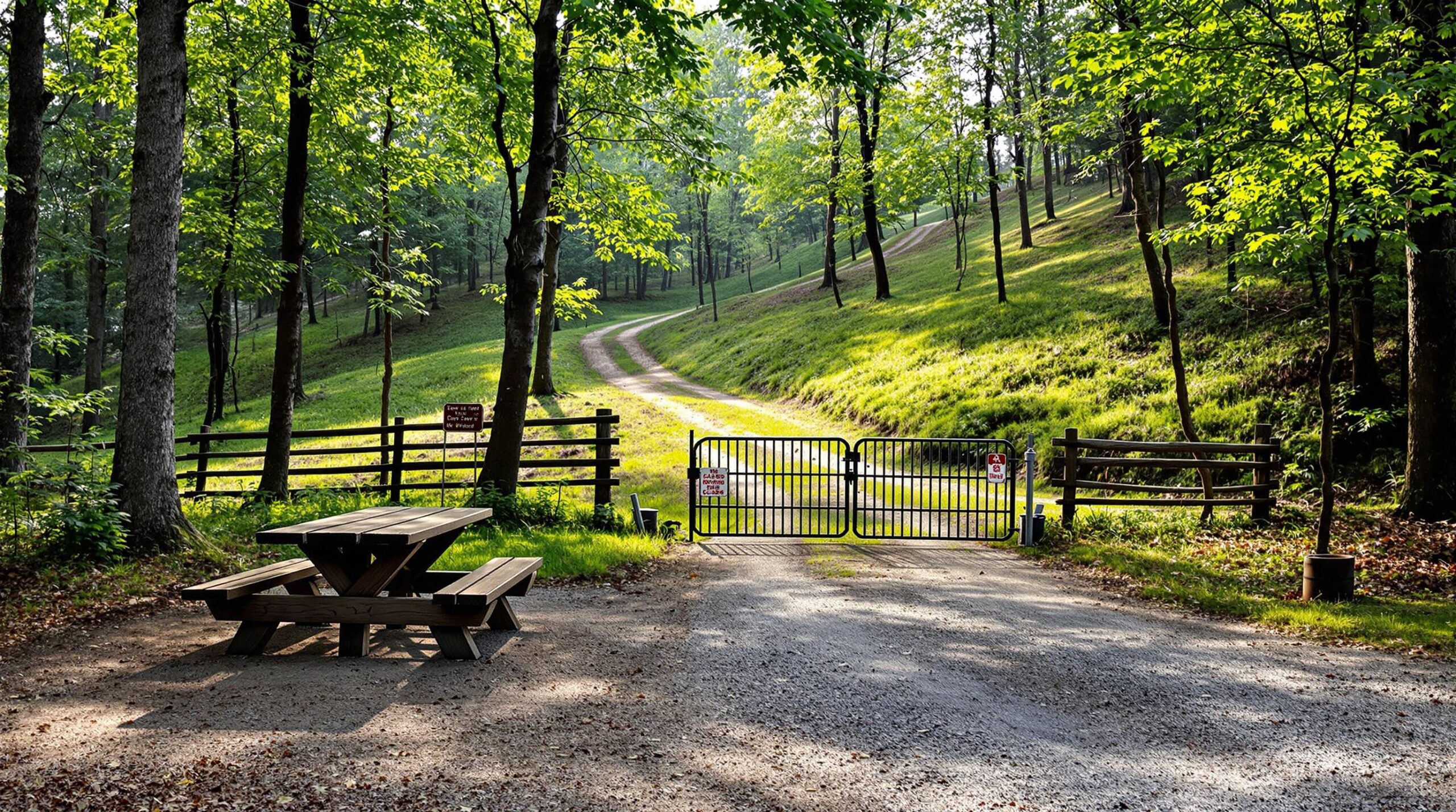 Empty campground with a picnic table and fire ring in a grassy, sunlit woodland clearing, small gate across dirt road in the background.