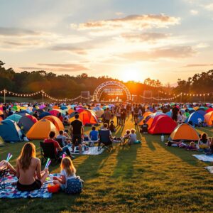 A group of people relaxing at a colorful outdoor music festival campsite with tents, string lights, and a small stage in the background during sunset.