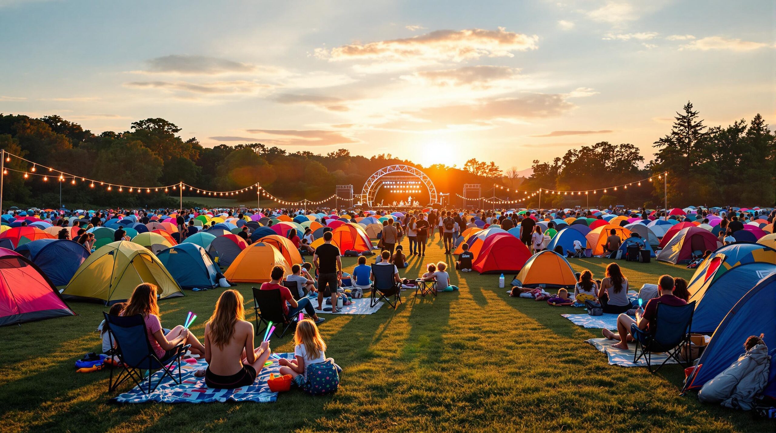 A group of people relaxing at a colorful outdoor music festival campsite with tents, string lights, and a small stage in the background during sunset.