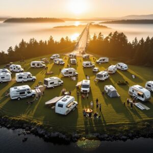A group of modern truck campers arranged in a semicircle on a grassy island at sunrise, with people gathered around a small fire pit, string lights overhead, and a narrow causeway in the background crossing calm coastal water.