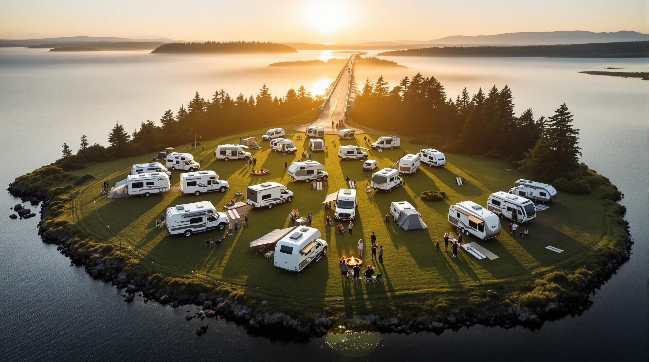 A group of modern truck campers arranged in a semicircle on a grassy island at sunrise, with people gathered around a small fire pit, string lights overhead, and a narrow causeway in the background crossing calm coastal water.