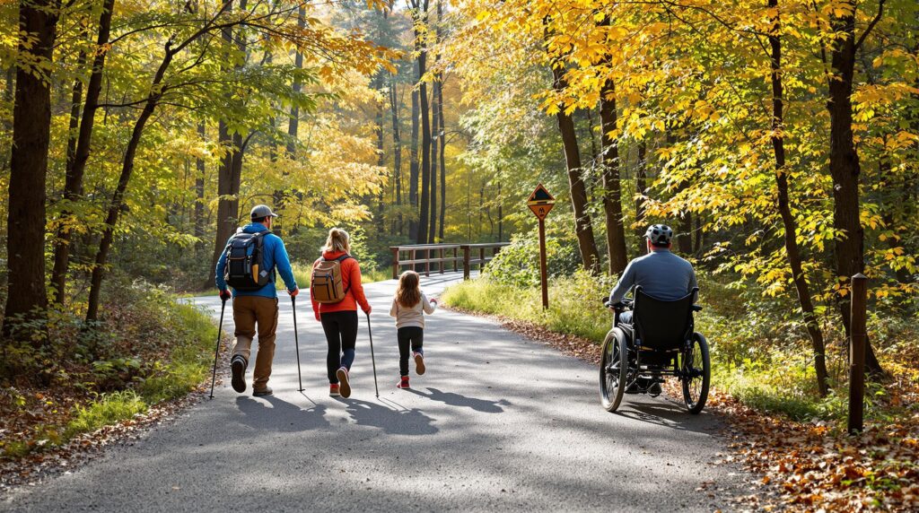 A diverse group of people, including a hiker, a child, an adaptive mountain biker, and a wheelchair user, enjoy a wide gravel trail in a sunlit autumn forest with a wooden footbridge in the background.