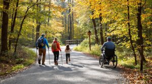 A diverse group of people, including a hiker, a child, an adaptive mountain biker, and a wheelchair user, enjoy a wide gravel trail in a sunlit autumn forest with a wooden footbridge in the background.