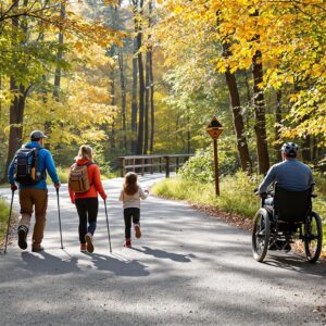 A diverse group of people, including a hiker, a child, an adaptive mountain biker, and a wheelchair user, enjoy a wide gravel trail in a sunlit autumn forest with a wooden footbridge in the background.