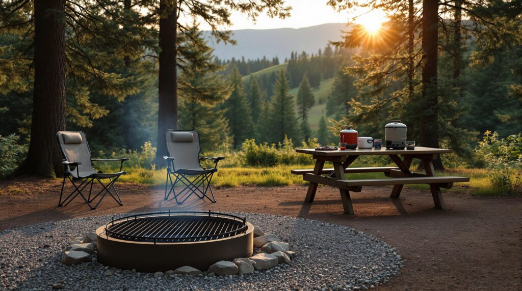 A quiet forest campsite with an empty fire ring, a propane stove on a picnic table, and two folding chairs under tall pine trees at sunset.