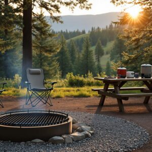 A quiet forest campsite with an empty fire ring, a propane stove on a picnic table, and two folding chairs under tall pine trees at sunset.