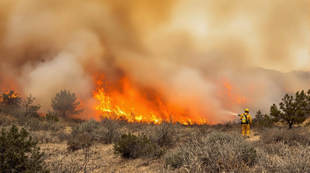Firefighter in yellow gear battles active wildfire in remote, smoky forested hills with flames and heavy smoke under a hazy sky.