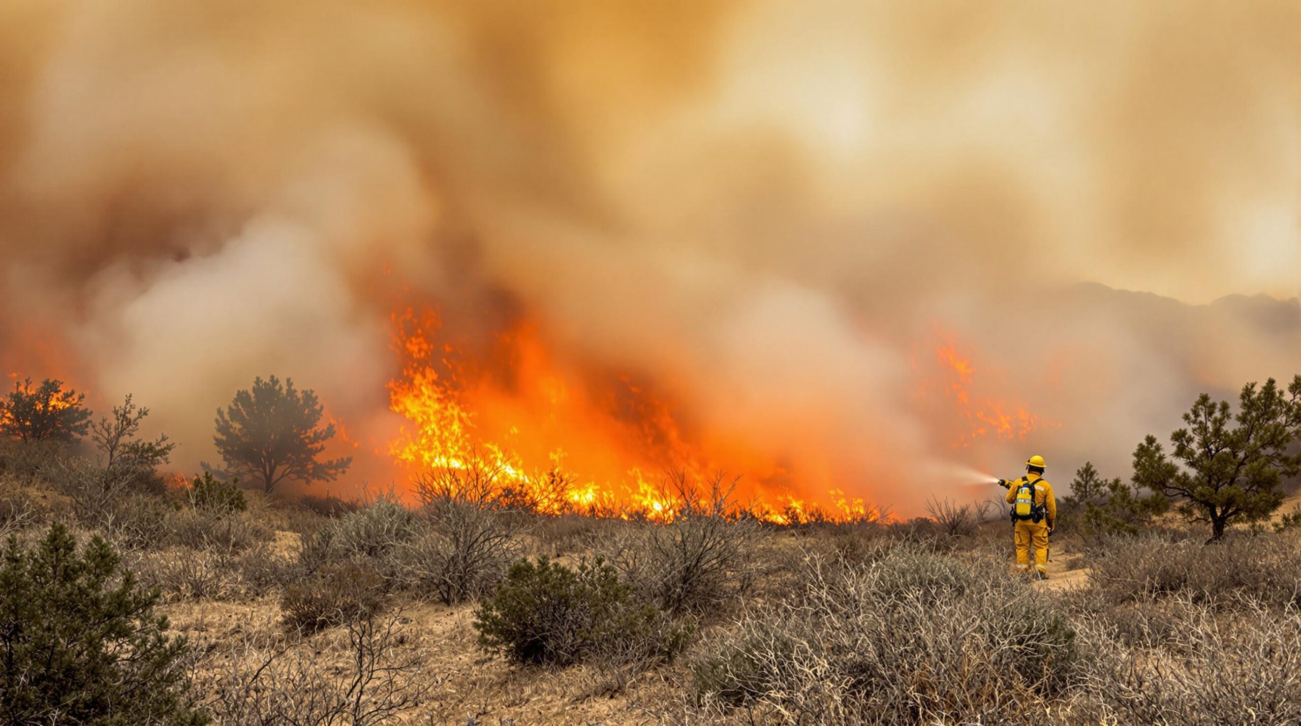 Firefighter in yellow gear battles active wildfire in remote, smoky forested hills with flames and heavy smoke under a hazy sky.
