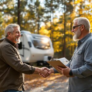 Campground owner shaking hands with two smiling campers next to an RV and wooden deck among autumn trees, warm sunlight, generic forest setting