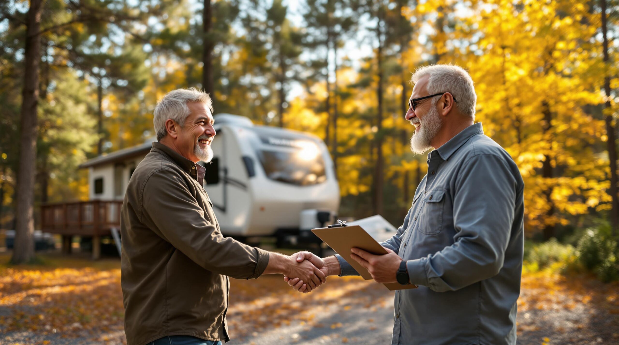 Campground owner shaking hands with two smiling campers next to an RV and wooden deck among autumn trees, warm sunlight, generic forest setting